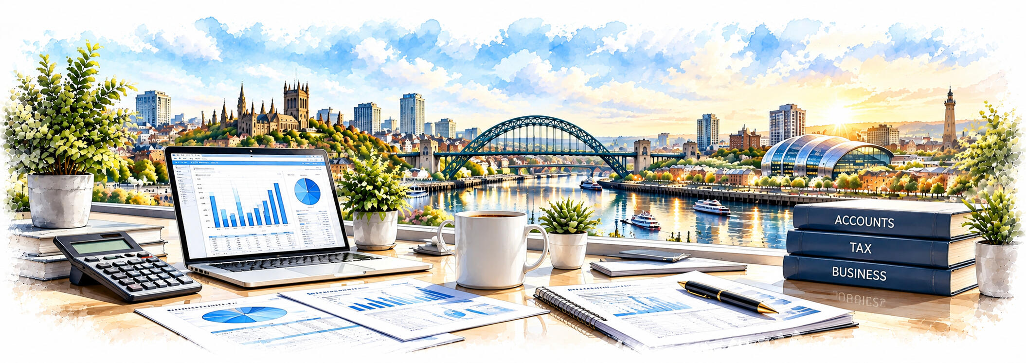 Newcastle upon Tyne & North East – Peter Angel Newcastle upon Tyne skyline featuring the Tyne Bridge and surrounding city architecture