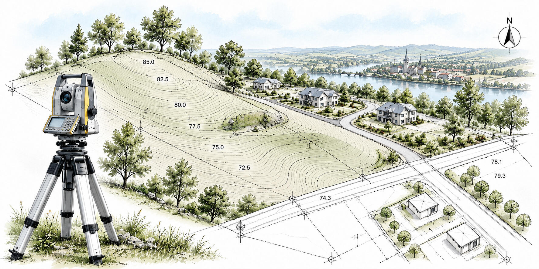 Topographical survey showing land levels, site features, boundaries and surrounding terrain