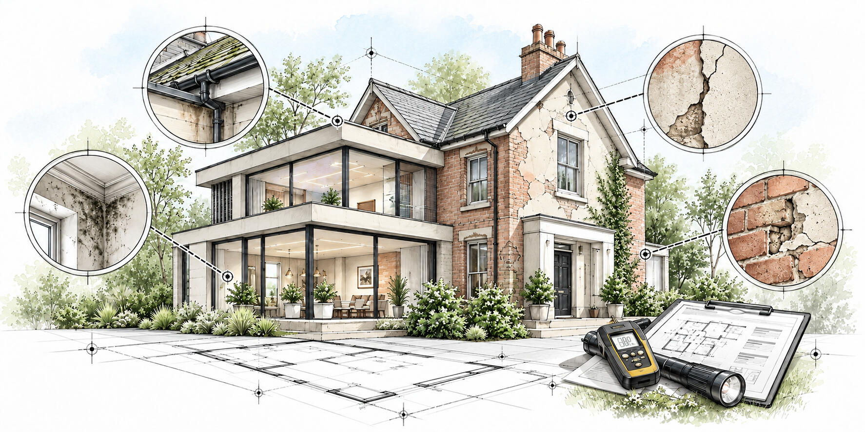 Property diagnostic survey identifying building defects, moisture, movement and structural issues