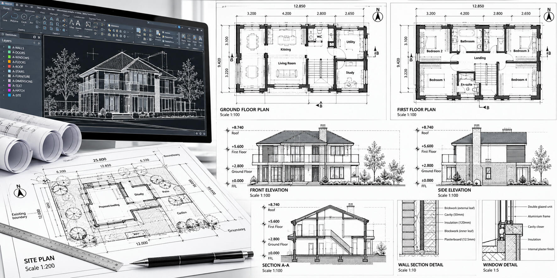 Detailed CAD drawings showing building plans, elevations, sections and technical information