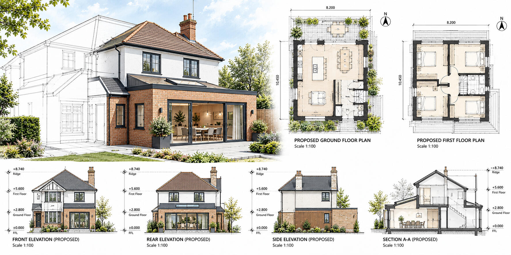 House extension survey and architectural drawings showing proposed plans, elevations and existing property