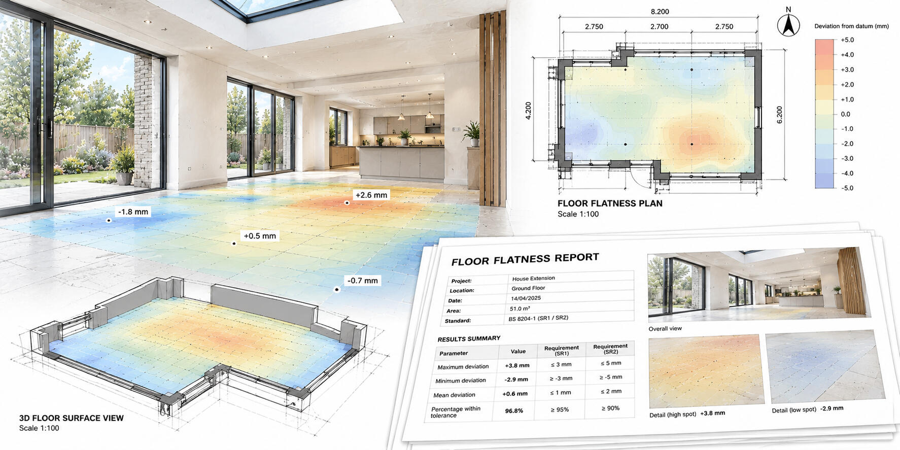 Floor flatness survey showing measured floor levels, surface variations and inspection results