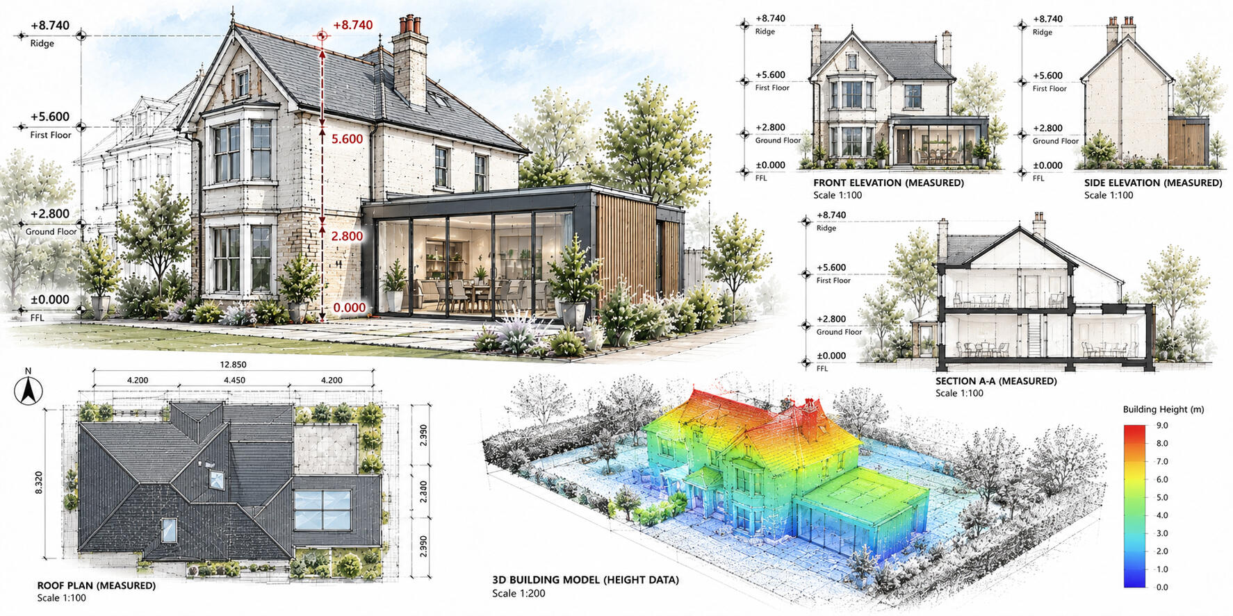Building Height Surveys – Peter Angel Building height survey showing measured elevations, roof levels and dimensional information