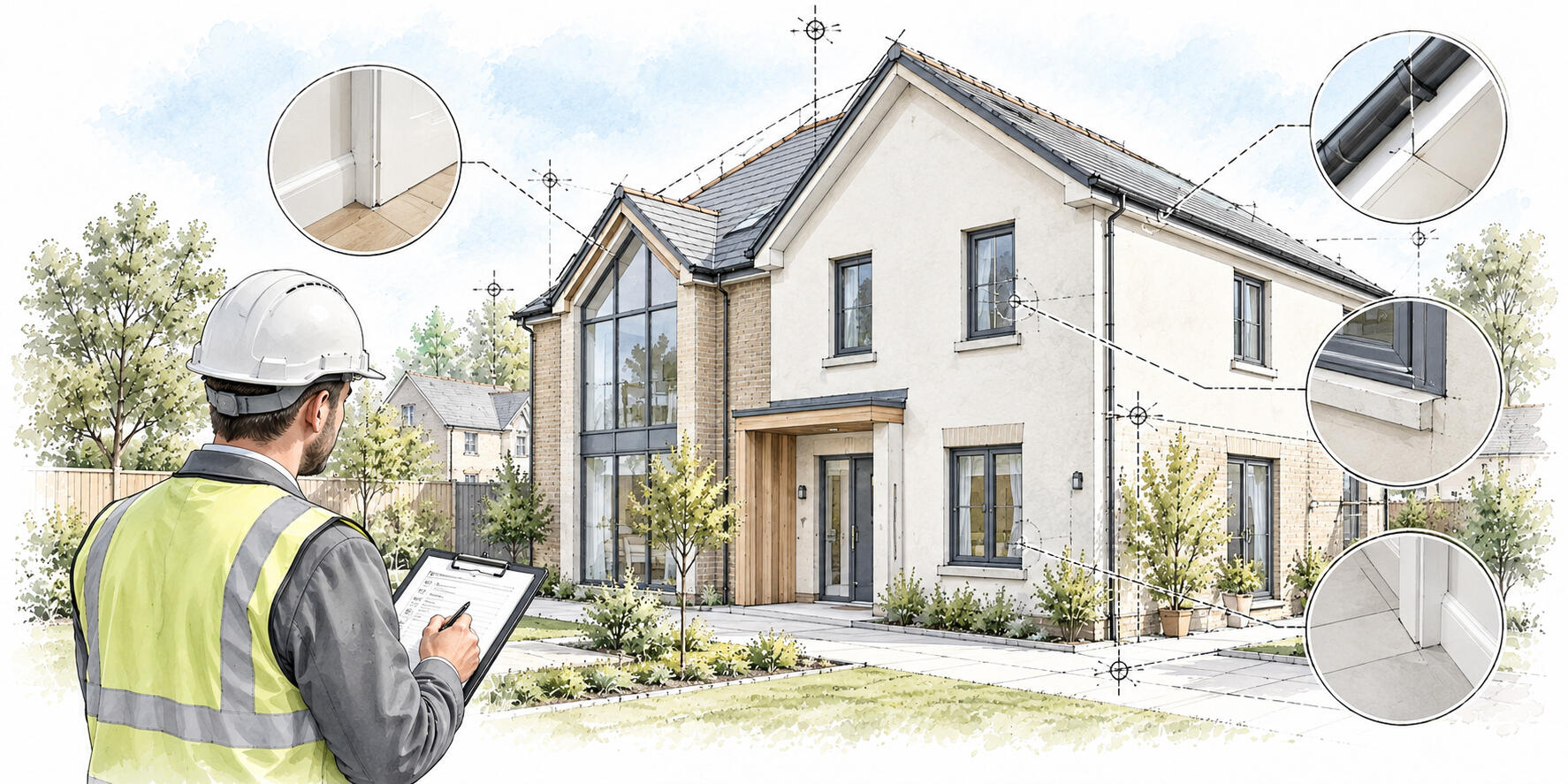 New-build snagging inspection showing construction defects, unfinished works and inspection points
