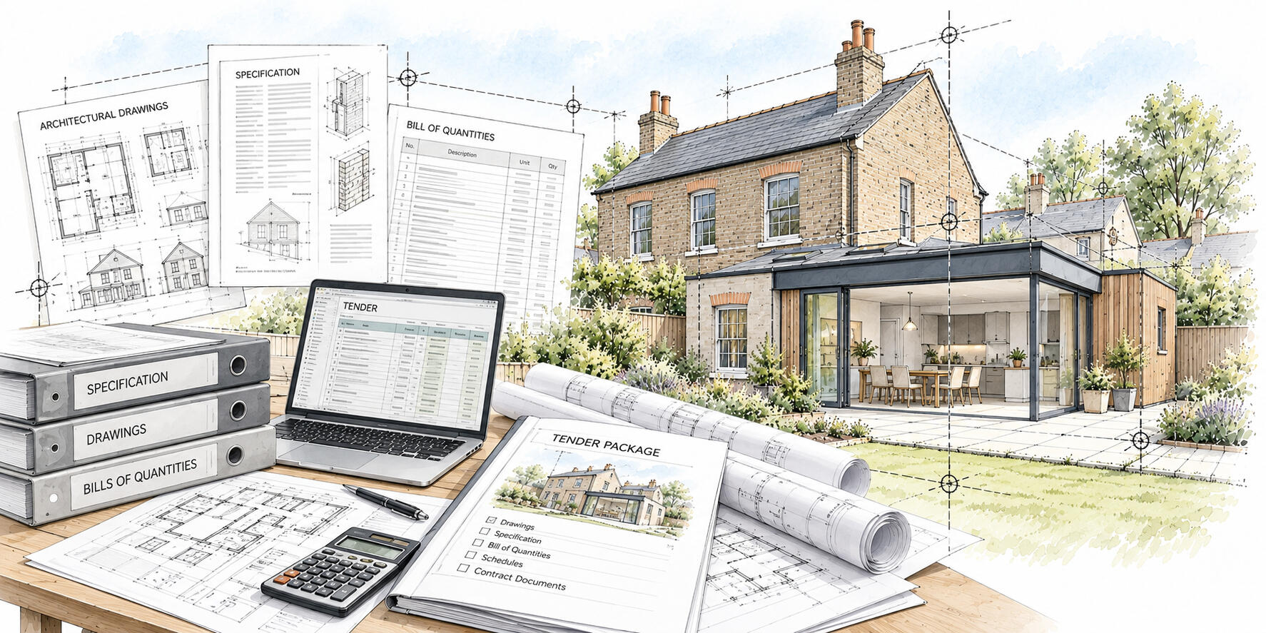 Construction tender package showing technical drawings, specifications and project documentation